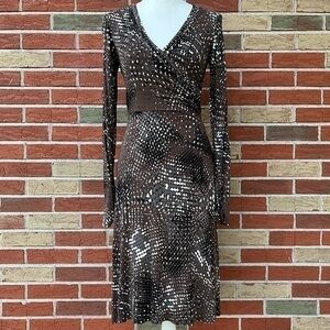 🍁 CAbi Dappled Dots Faux Wrap Brown Gray Long Sleeve Dress